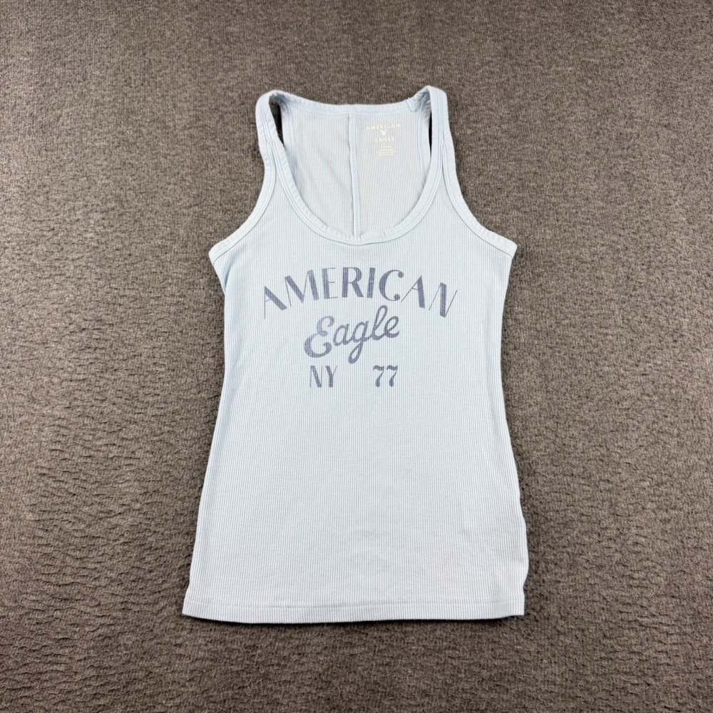 American Eagle Tank Top Women's Small Blue Ribbed Graphic NY 77 Racerback